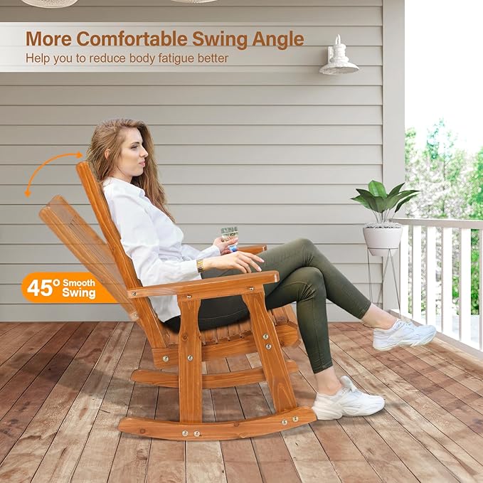 VINGLI Outdoor Rocking Chair Set of 2, Heavy Duty 600 LBS Wooden Rocking Chair with Comfortable Backrest, Weatherproof Rocker with Ergonomic Design, Suit for Patio, Garden, Yard, Teak