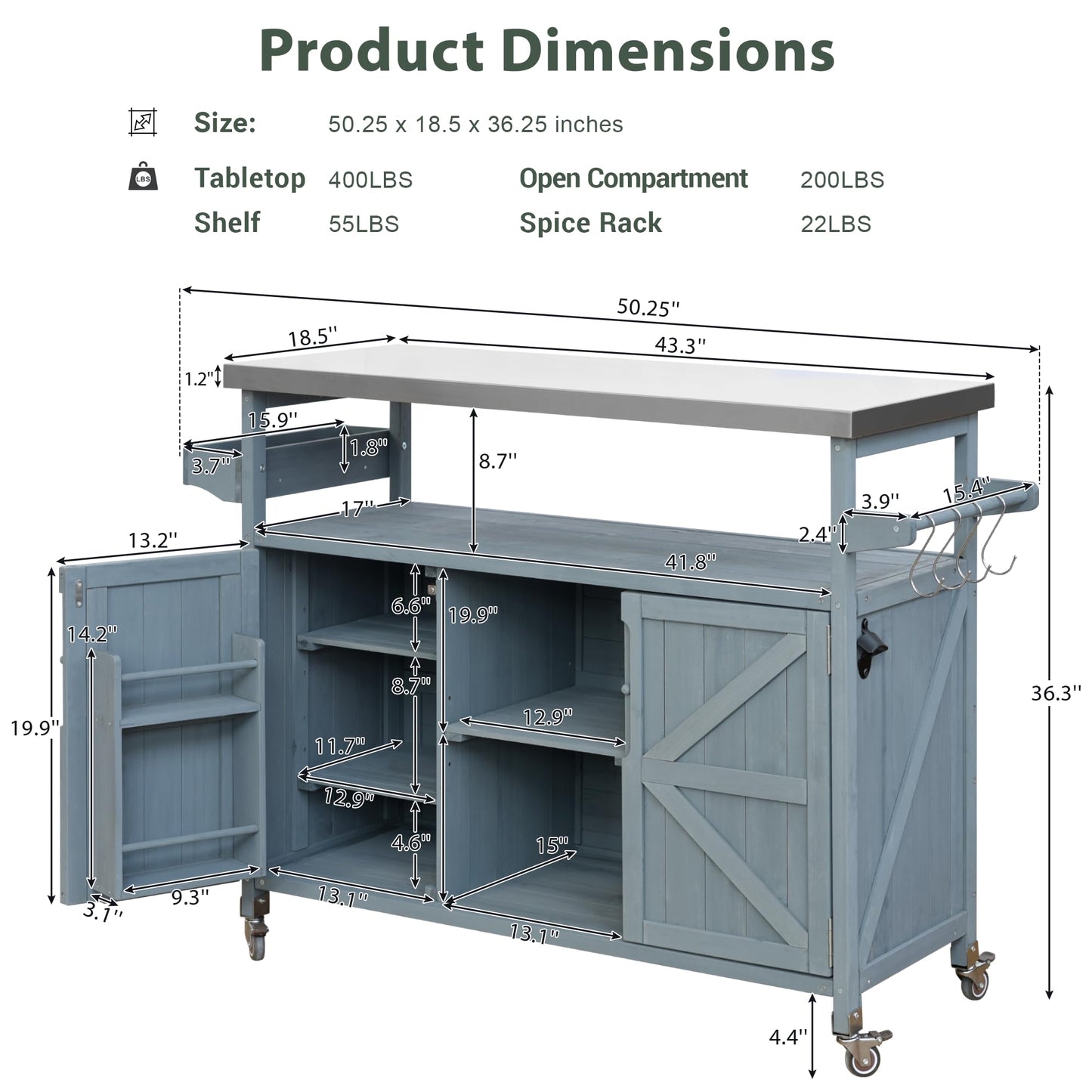 Ball & Cast Outdoor Kitchen Island,Rolling Bar Cart & Storage Cabinet,Farmhouse Solid Wood Outdoor Grill Table with Stainless Steel Top,Spice and Towel Rack,for Kitchen,Barbecue,Grey+Blue,50.25"
