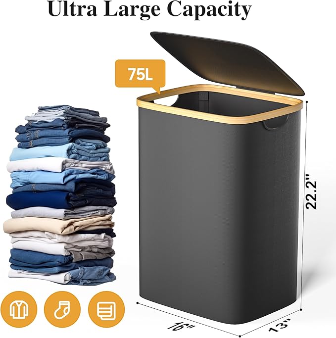 Large Laundry Hamper, 75L Waterproof Laundry Basket