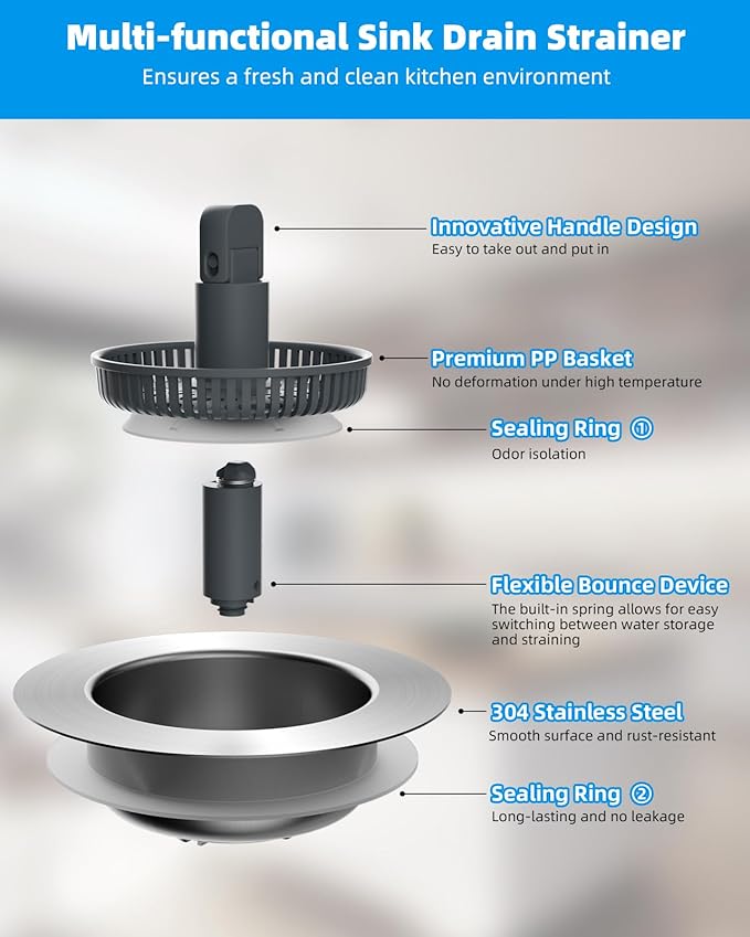 Hibbent 2 Pack 3 in 1 Kitchen Sink Drain Strainer and Stopper Combo, Stainless