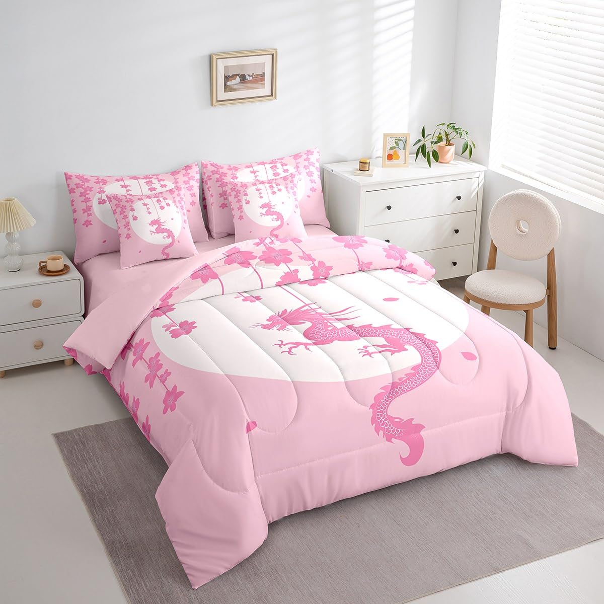 Erosebridal Pink White Kawaii Bedding Set for Kids Girls Teen Women,Fantasy Animal Dragon Twin Comforter Set 7 Piece Magical Wildlife Bed in A Bag Aesthetic Romantic Cherry Blossom Bed Set