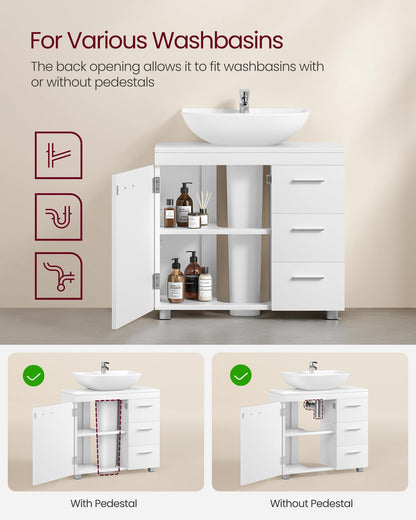 VASAGLE Under Sink Bathroom Cabinet, Storage Cabinet, with 3 Drawers, 2 Compartments Behind the Door, for Washbasins with Pedestal, with Feet, 30 x 70 x 64 cm, Cloud White BBK504W01