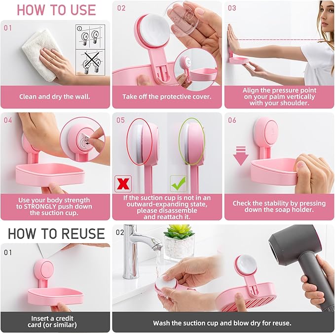 LEVERLOC Soap Dish Holder for Shower Suction Cup Wall Mounted Self Draining