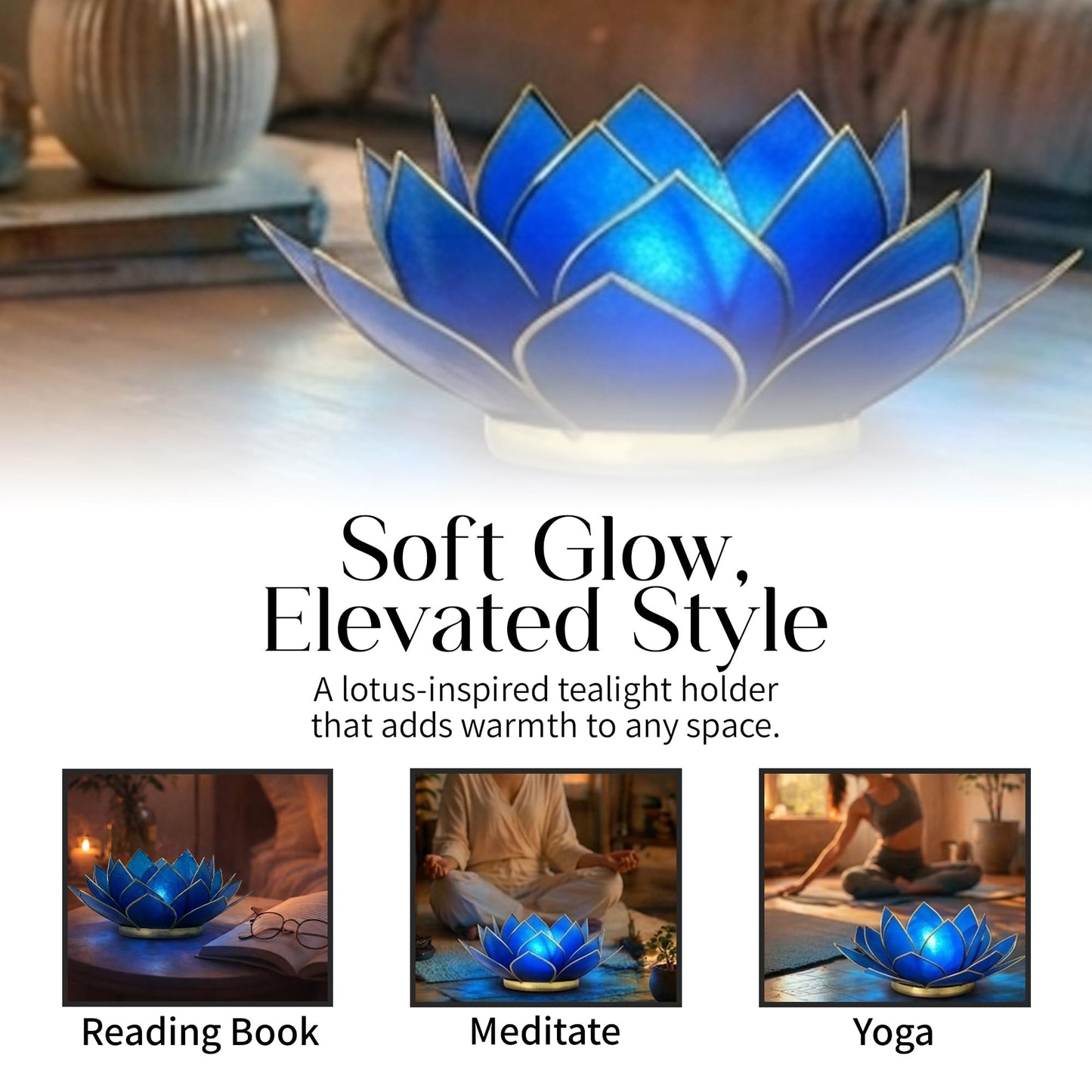 OM Gallery Gemstone Lotus Tealight Holder - Handcrafted Capiz Shell Design for Soft Glow, Elegant Home & Table Decor, Wedding Centerpieces, Votive Candle Styling, and Thoughtful Gifting - Sapphire
