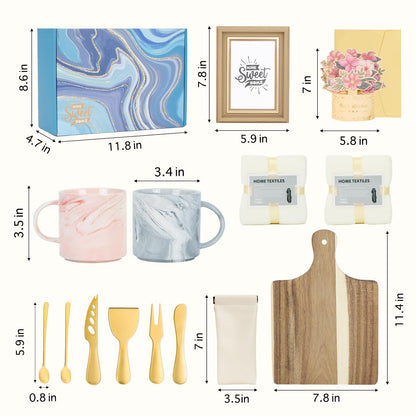15Pcs Luxury House Warming Gifts New Home, Housewarming Gift Basket for Couples Friends First Apartment, Closing Gifts for Home Buyers, with Unique 3D Card Acacia Cutting Board Gold Cheese Knives