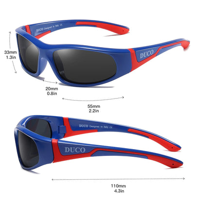 DUCO Kids Sports Style Polarised Sunglasses Rubber Flexible Frame For Boys Girls Baby and Children K001 (Blue Red 001 For Age 3-10)