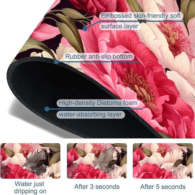 Garden Flowers Sink Splash Guard Faucet Mat Watercolor Peonies Super Absorbent