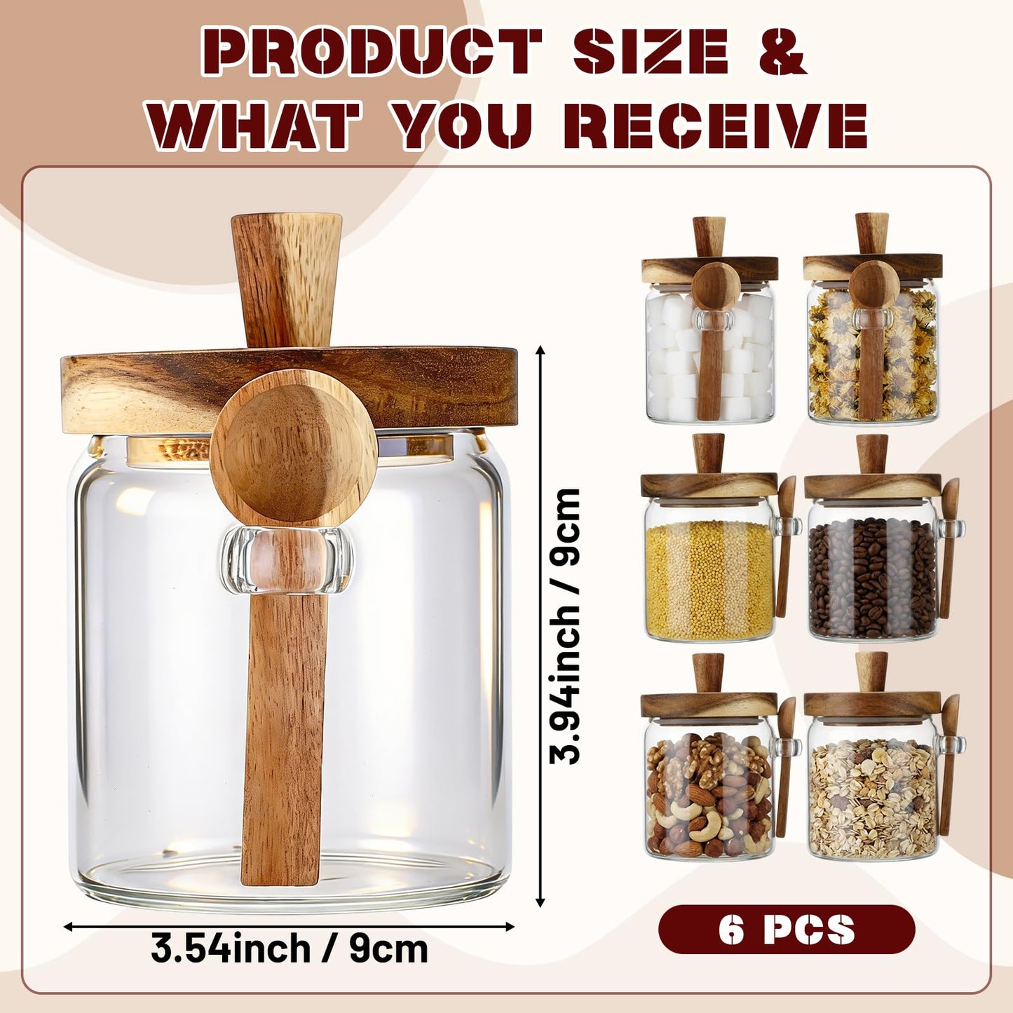 Remerry Set of 6 Glass Jar with Wooden Lid and Spoon, 13.5 oz Coffee Bean Tea Sugar Jar Set, Clear Airtight Spice Canisters Glass Food Storage Kitchen Containers for Coffee Bean Tea Sugar