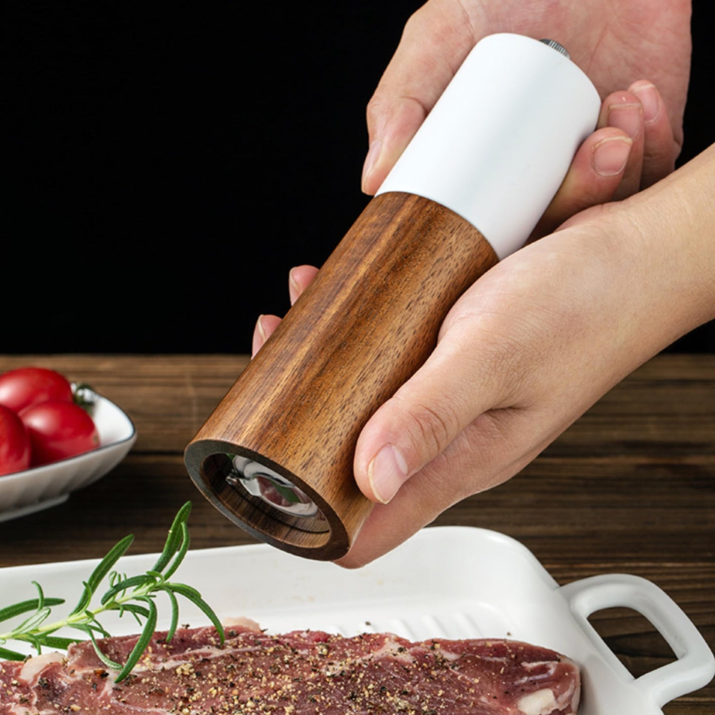 GCFTIFF Wooden Salt and Pepper Grinder Set,Crafted of Solid Acacia Wood with Ceramic Steel Core,Adjust for Customized Coarseness,Pepper Mill with Wooden Stand & Spoon(2pcs white + black,6 inches)
