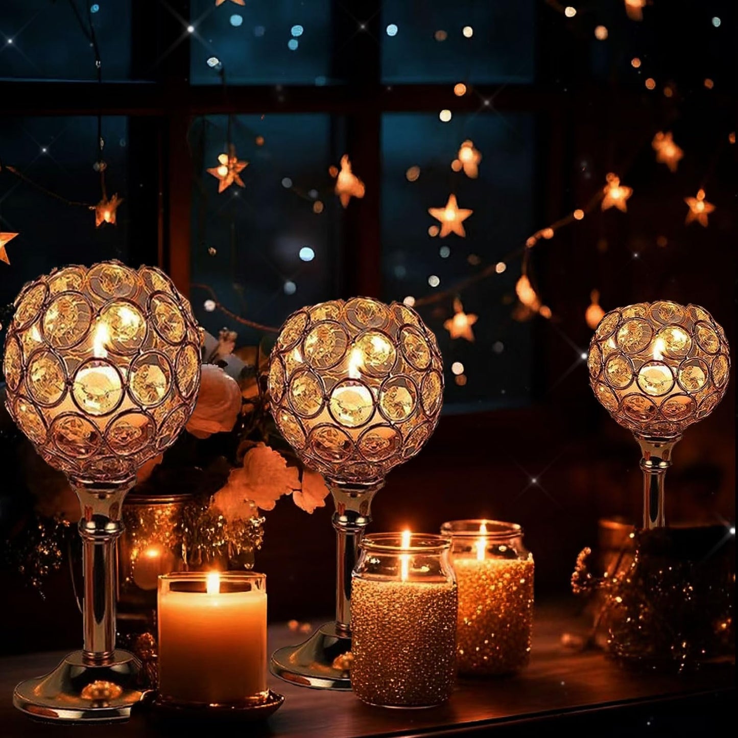 Candle Holder Candlestick Holders- 1Set Gold Crystal Pillar Candle Holders,Metal Candlestick Stands for Wedding Centerpieces,Table Decor for Church,Valentine's Day Housewarming Gift,3Pcs
