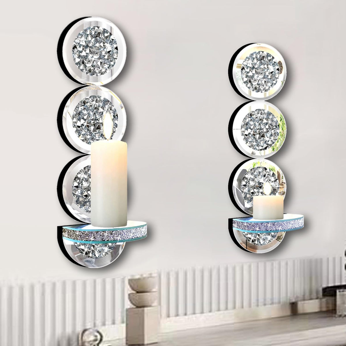 ZOLAPI Set of 2 Crystal Crush Diamond Candle Sconces, Gorgeous Silver Mirrored Wall Sconce, Round Candle Holder Glass Wall Decorations for Home Décor, Living Room, Dining Room.