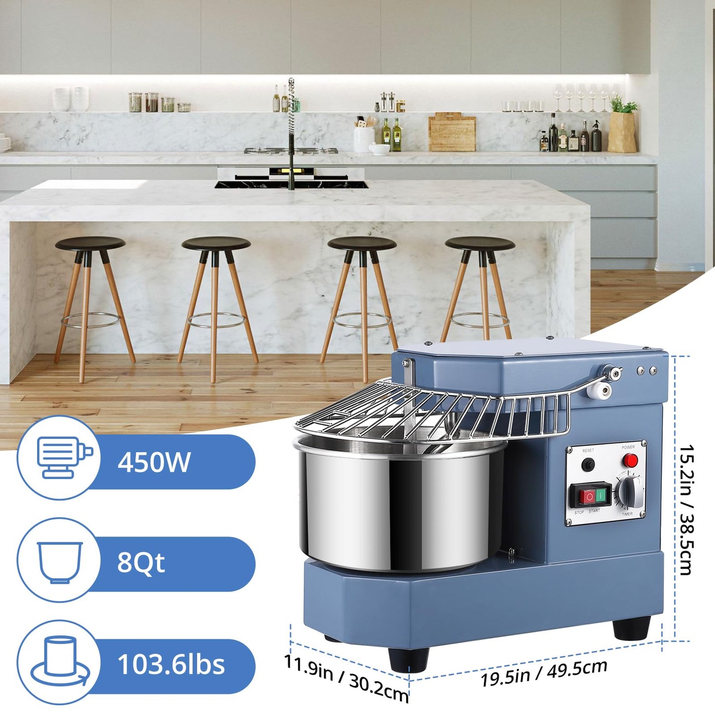 Commercial Dough Mixer, 8Qt Capacity Stainless Steel Bowl, 450W Dual Rotating Dough Kneading Machine with Security Shield & Timer Included, Baking Equipment for Restaurant Pizzeria