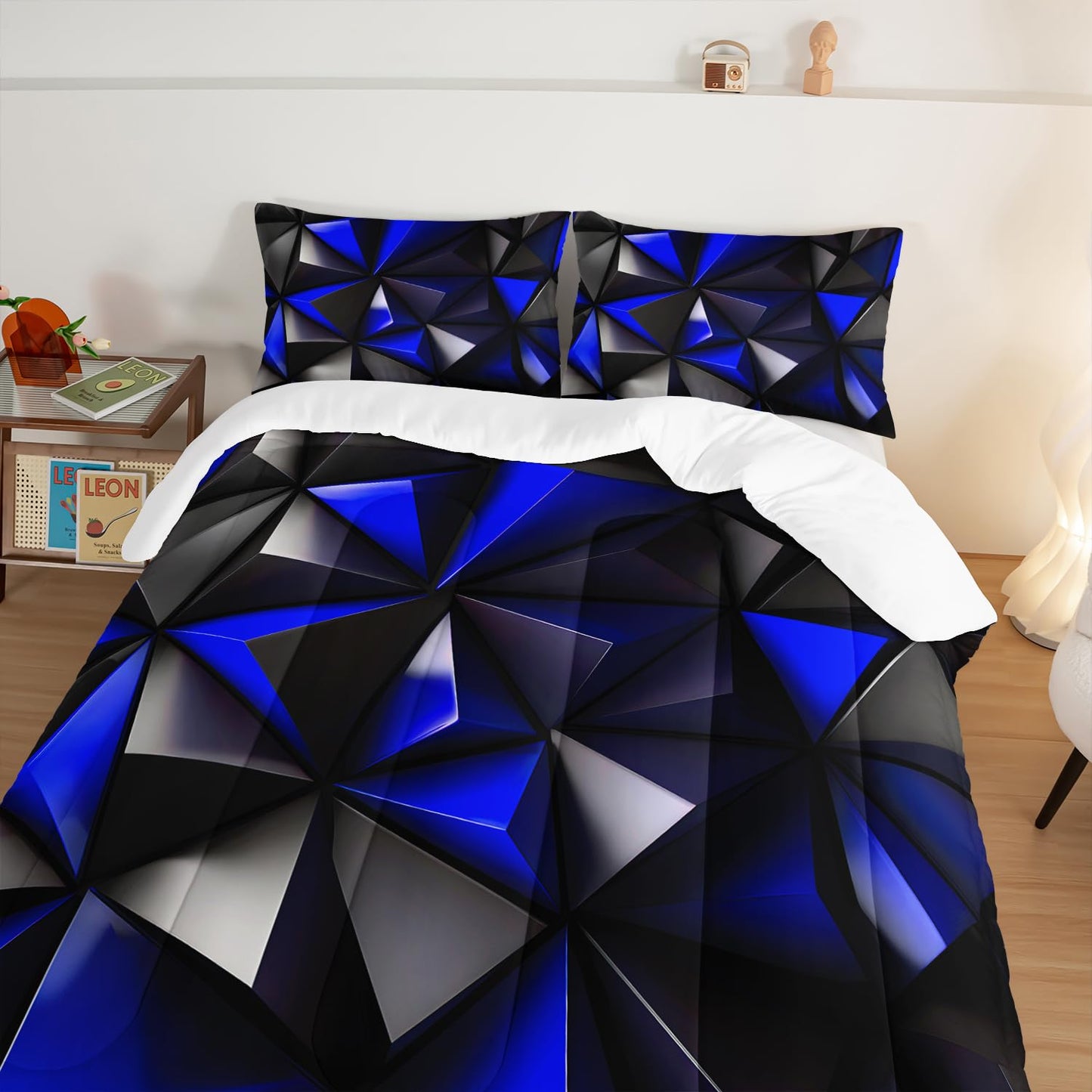 UEVBF Blue and Black Bedding Set Queen Size,Geometric Pattern Comforter Set for Kids Boys Girls Geometry Room Decor,Art Aesthetic Bedding with 2 Pillowcases.
