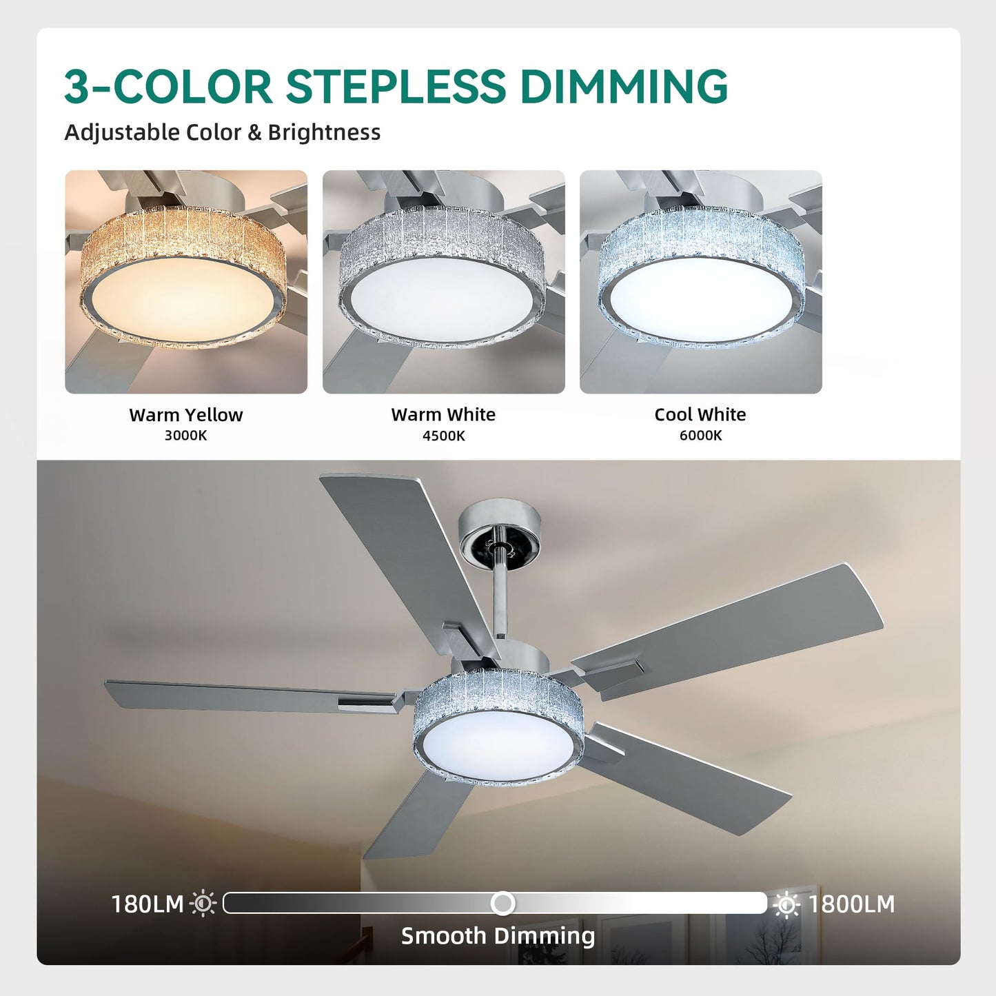 YITAHOME 52 Inch Chandelier Ceiling Fans with Lights and Remote/App, Smart Ceiling Fans Compatible with Alexa, Reversible Quiet DC Motor, Dual Finish Blades, Dimmable Lighting for Living Room, Nickel