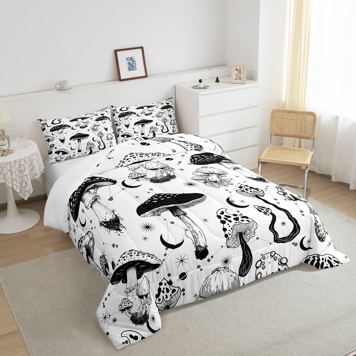Castle Fairy Wild Mushroom Comforter Set Full Size,Abstract Sun Moon Starry Bedding Set Gothic Plants Quilt Set for Kids Boys Teens Room Decor,Black White Sketch Style Duvet Insert with 2 Pillowcases
