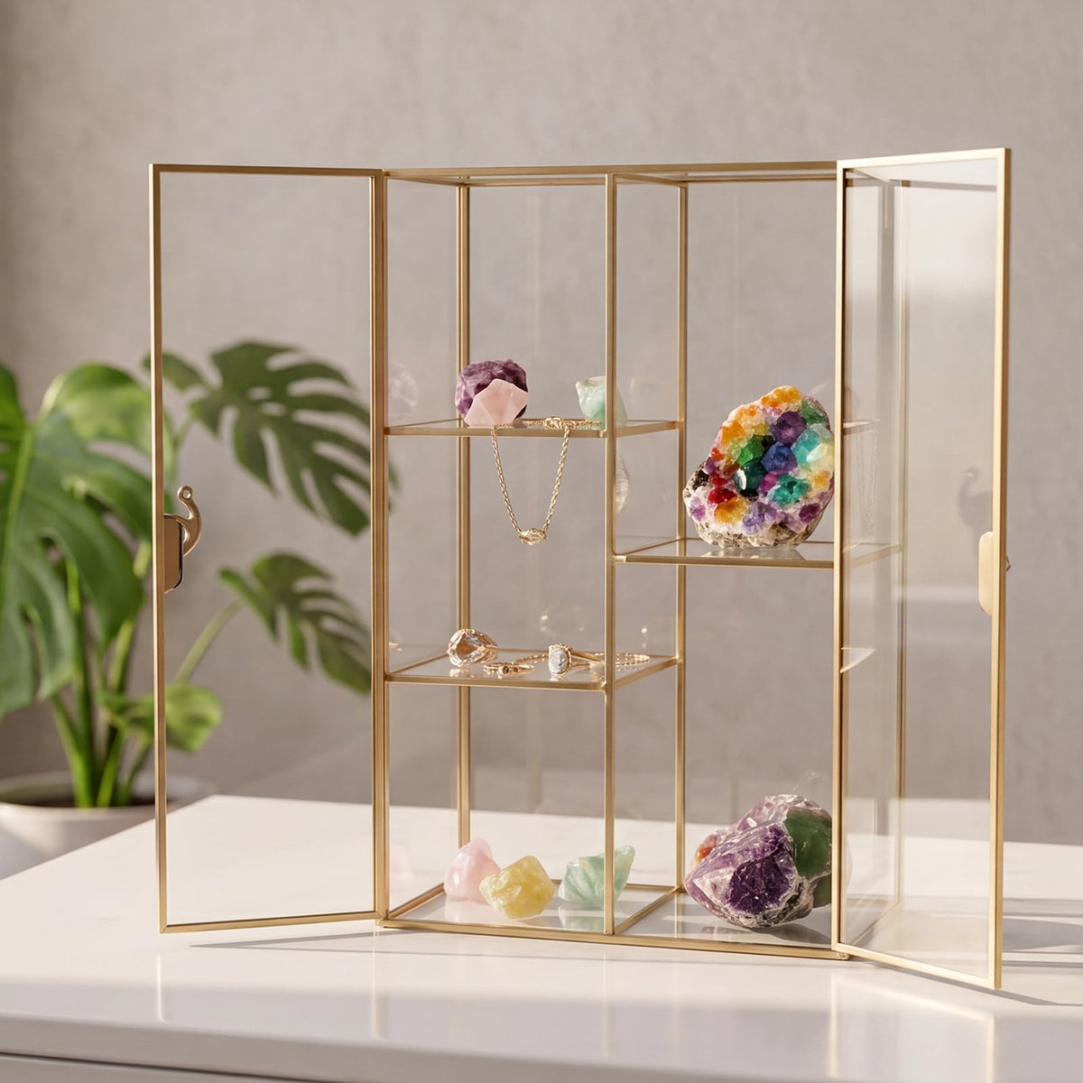 JUXYES 5 Grids Tabletop Brass Glass Rock Display Case with Latch Door - Modern Clear Rocks Collection Display Case Box - Gold Dust Proof Case Small Shelf for Collectible, Mineral Crystal, Rock, Stones