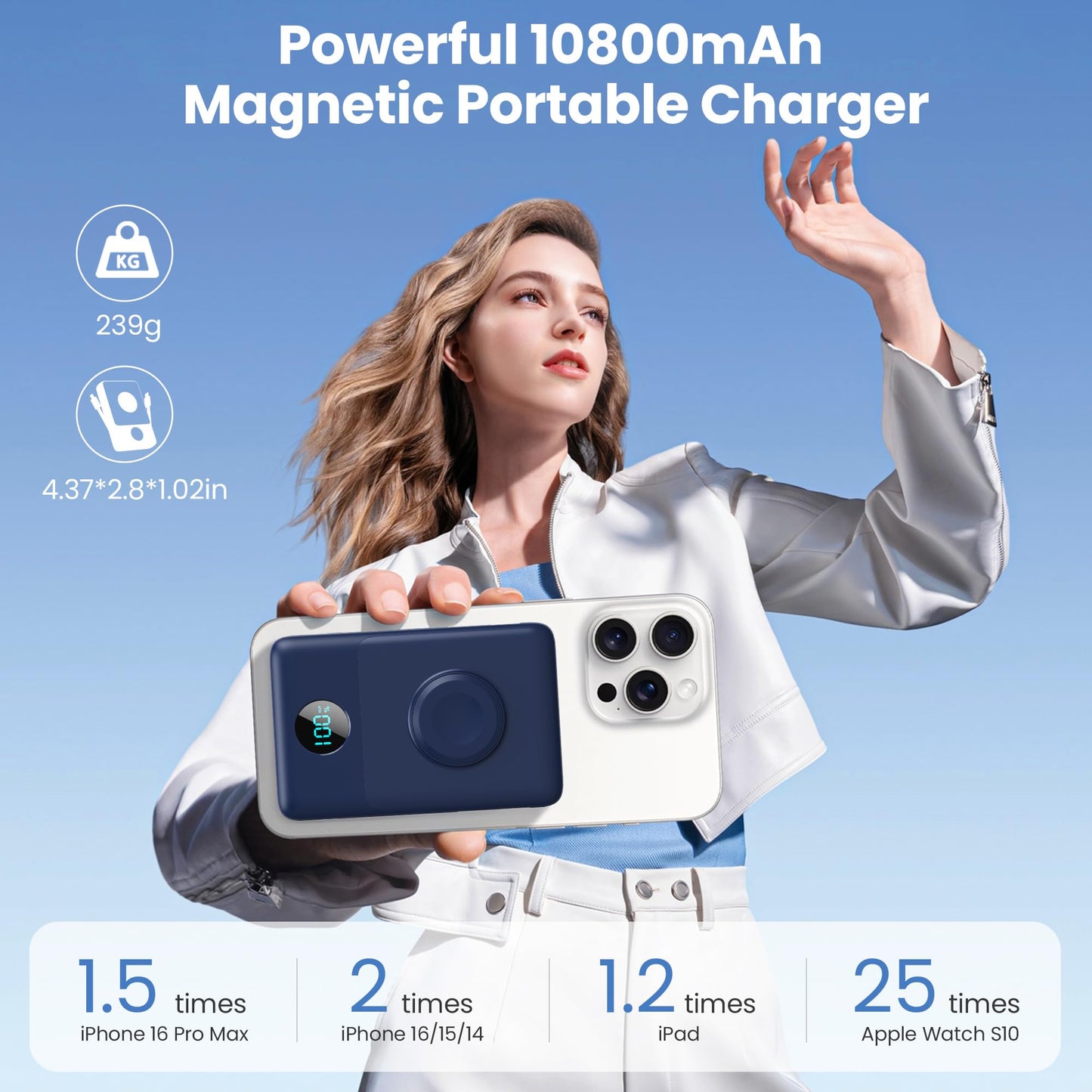 Magnetic Portable Charger 10800mAh for iPhone with Built-in Cables, 6-in-1 Wireless Power Bank with iWatch Charger, LCD Display 25W PD Fast Charging Battery Pack for iPhone 16/15/14/13/12, Apple Watch