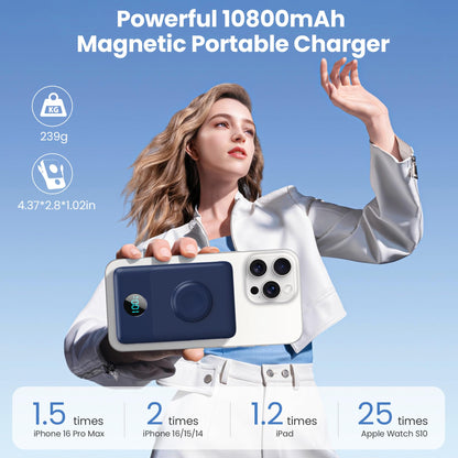 Magnetic Portable Charger 10800mAh for iPhone with Built-in Cables, 6-in-1 Wireless Power Bank with iWatch Charger, LCD Display 25W PD Fast Charging Battery Pack for iPhone 16/15/14/13/12, Apple Watch