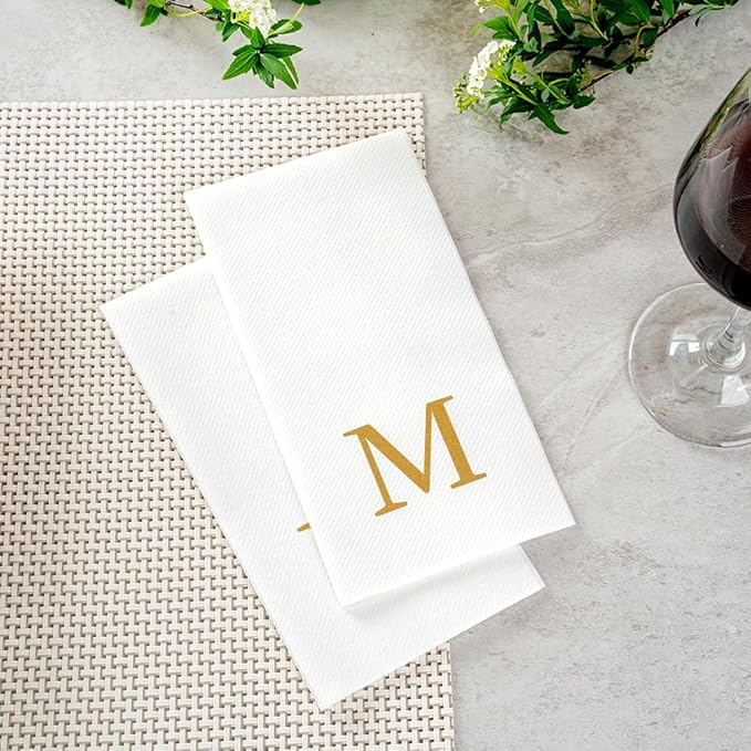 Restaurantware Napkins Pack of 300 Gold Letter M Linen-Feel Paper Disposable