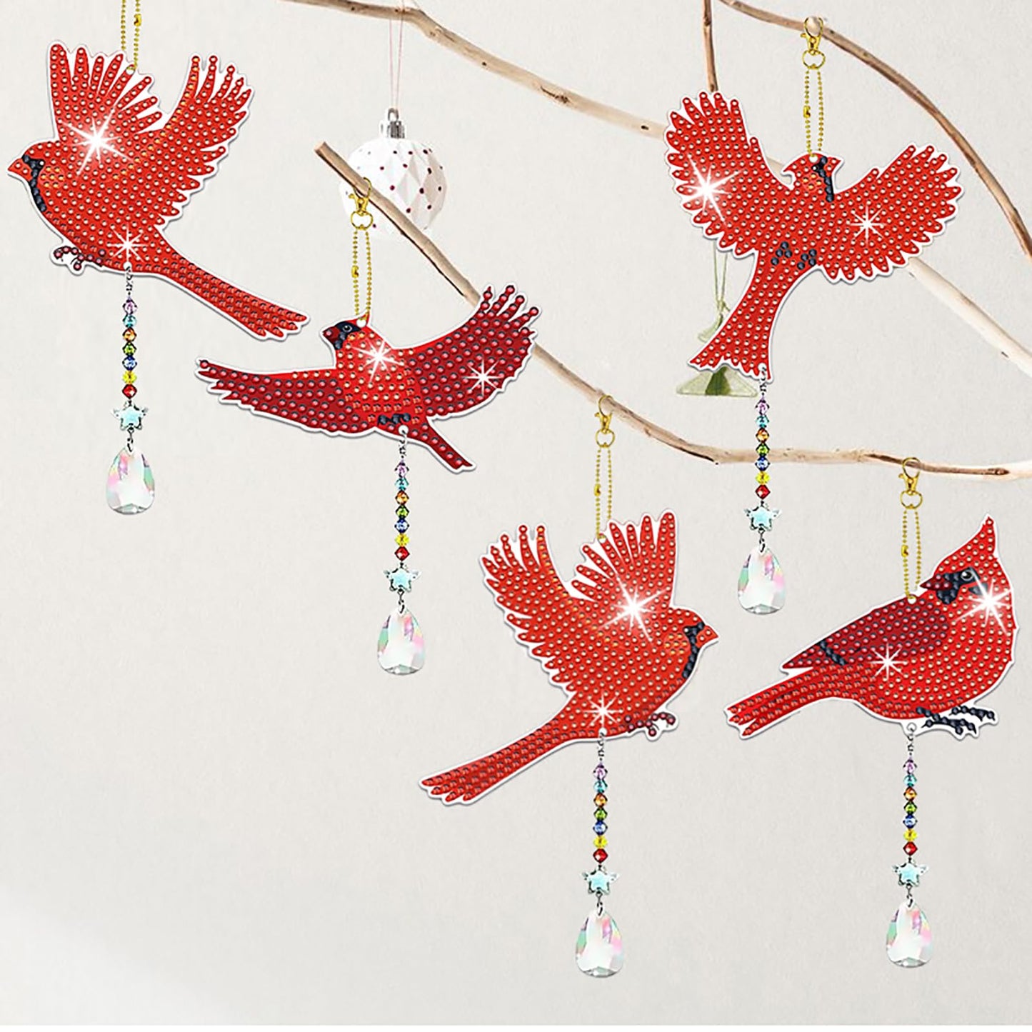 JeCuiK 6 Pcs Cardinal Bird Diamond Painting Wind Chimes 5D DIY Diamonds Painting Suncatcher Ornament Double Sided Diamond Art Suncatcher Hanging Crystal Pendant Best Gifts for Mom
