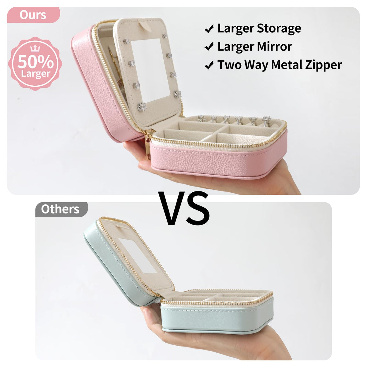 NGVRC Genuine Leather Travel Jewelry Organizer Case with Mirror for Women, Small Mini Portable Jewelry Box for Ring Earrings Necklace Bracelet Luxury Gift for Women（Black）