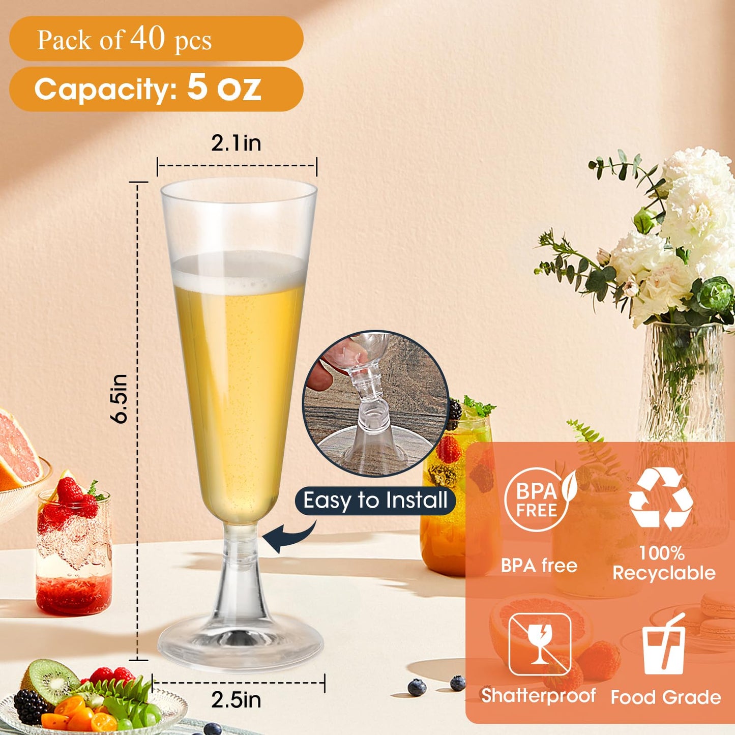 SUREHOME Pink Champagne Flutes Plastic Champagne Glasses Disposable Mimosa Glasses 40 Pack 5 Oz Acrylic Stemware Cocktail Cups Bulk for Valentines Wedding Toasting Engagement Party Supplies