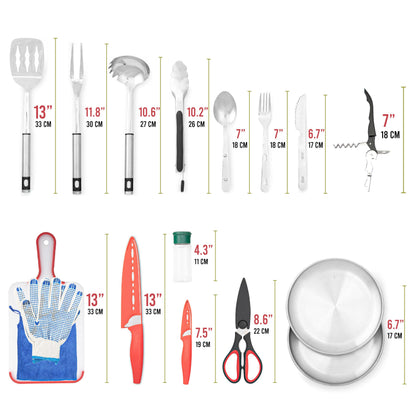 Fortitude21 Camping Gear, Cooking Set, 21pcs Accessories Cooking, Kitchen Camp & Organizer, Utensil Equipment, Tools Stuff Black