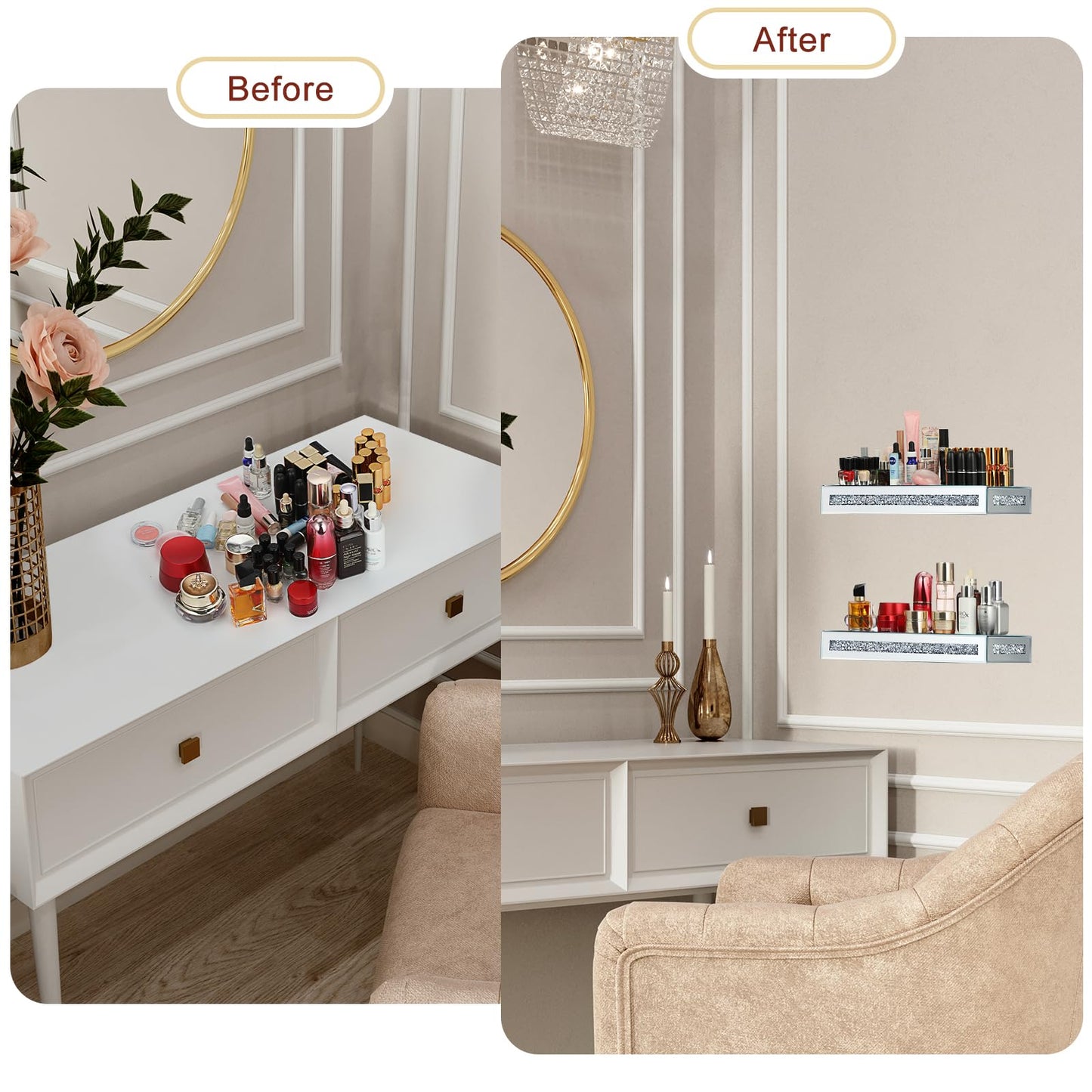 Sumnacon Mounted Floating Shelves 2 Pcs Crushed Diamond Display Shelves for Wall Stylish Floating Wall Shelf for Plants Mirrored Glass Floating Shelf for Living Room,Bathroom Decor