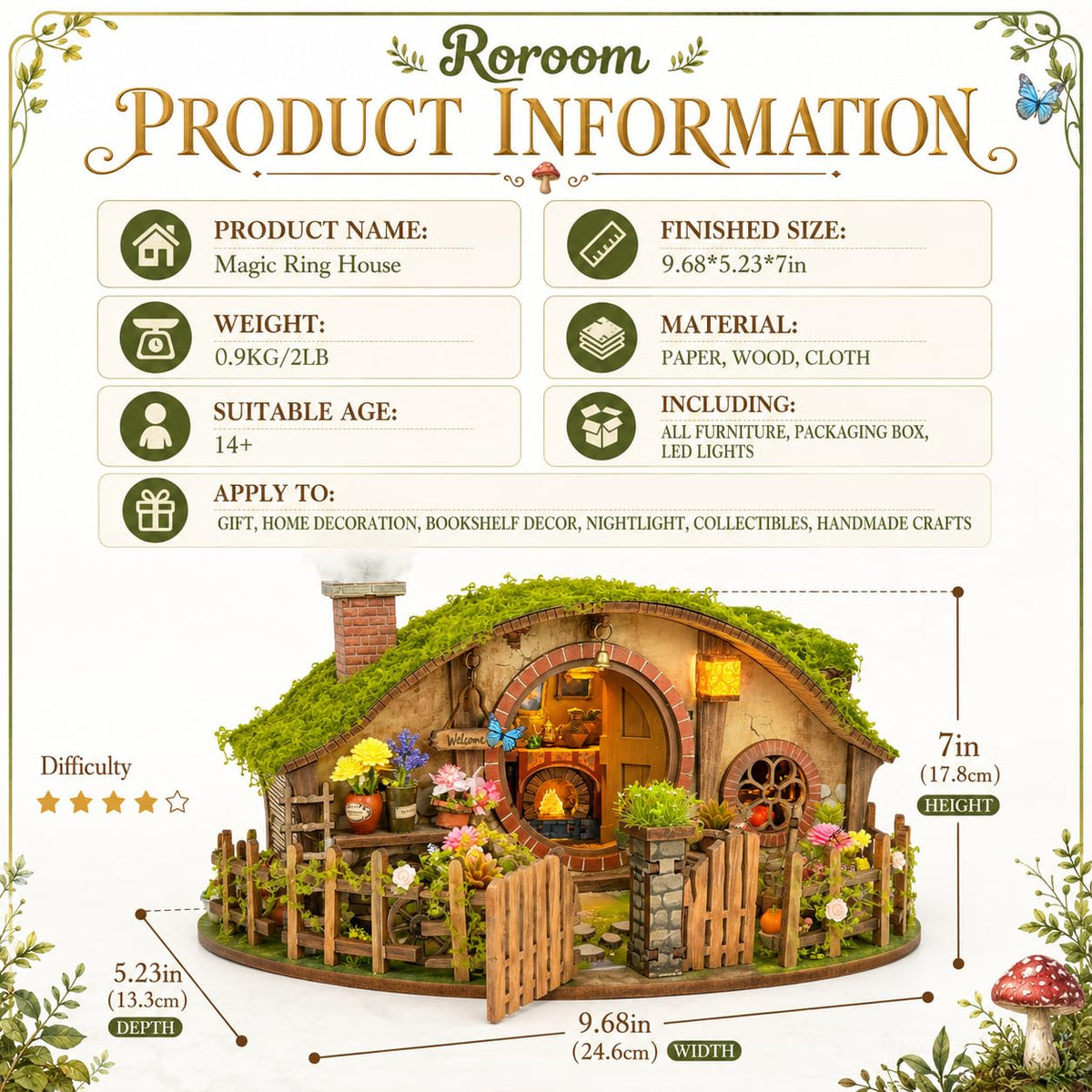 Roroom DIY Miniature House Kit, Fantasy Hillside Cottage Dollhouse Kit