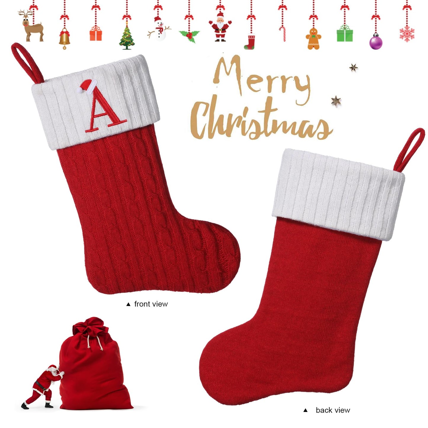 Yehnois 19.5 inch Red Knit Christmas Stockings,Personalized Embroidered Letter Christmas Stocking,Family Holiday Xmas Party Decor (Initial M)