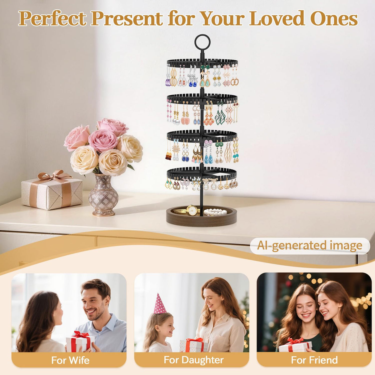 MODOWEY 4 Tier Rotating Earring Holder Organizer Display Tree with Wooden Tray, Adjustable Plastic Stand with 228 Slots for Stud Hoop Hanger, Large Capacity Storage Rack for Women Space Saving, Black