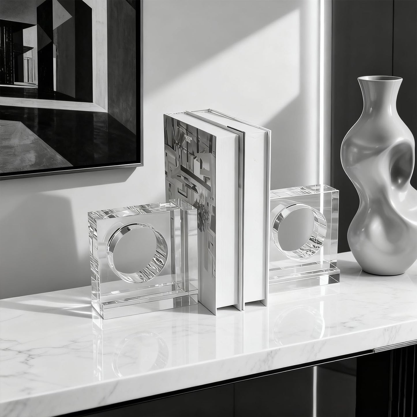 Kitcom Handmade Crystal Bookends Square, 1 Pair of Decorative Tabletop Bookends for Office, Home, Desk