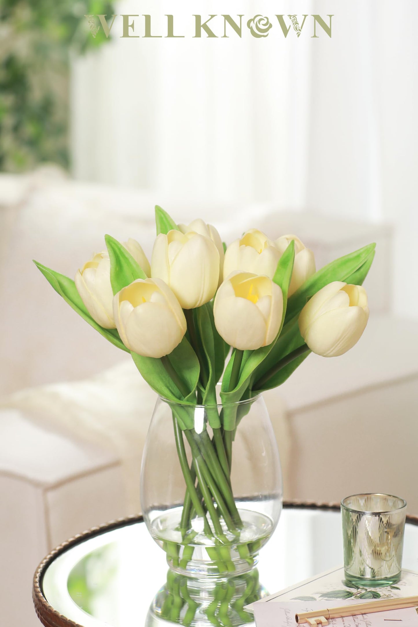 WELL KNOWN 12 Pcs Tulips Artificial Flowers in Vase, Real Touch Tulips with Vase with Upgrate Acrylic Water Flower Arrangements Centerpiece for Dining Room Table Decoration（Cream）