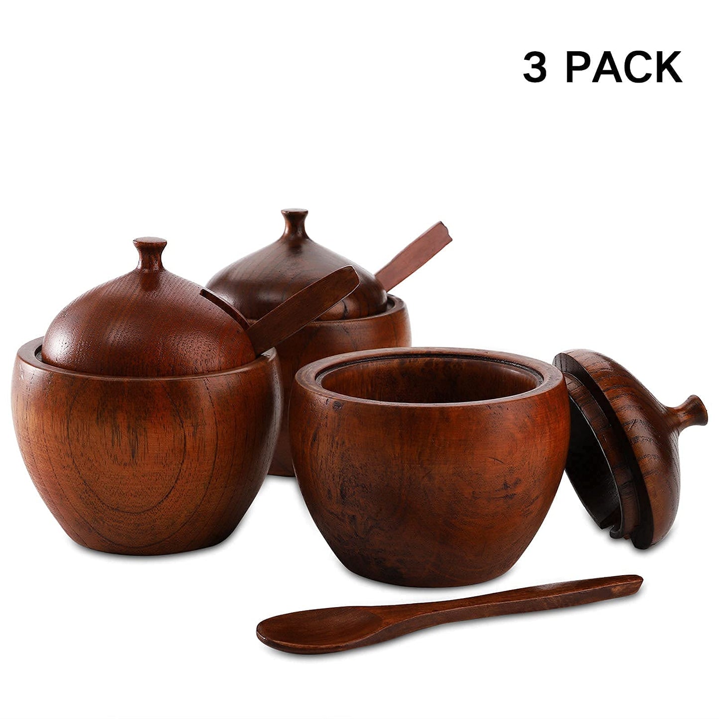 DEAYOU 3 Pack Wood Salt Box Spice Jar, Natural Wooden Salt Cellar with Lid and Spoon, Sugar Bowl Pepper Seasoning Container Holder Keeper for Kitchen, Serving, Condiment, Japanese Style