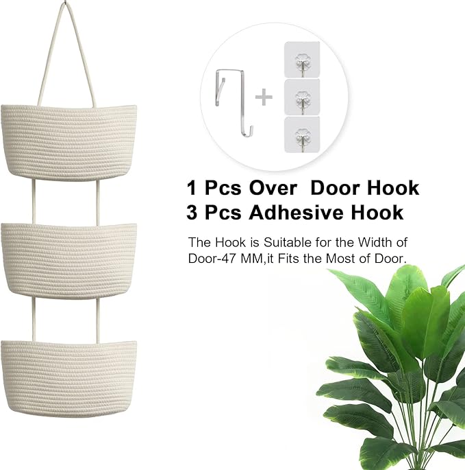 TeoKJ Over the Door Hanging Baskets, 3-Tier Woven Cotton Storage Organizer Bag