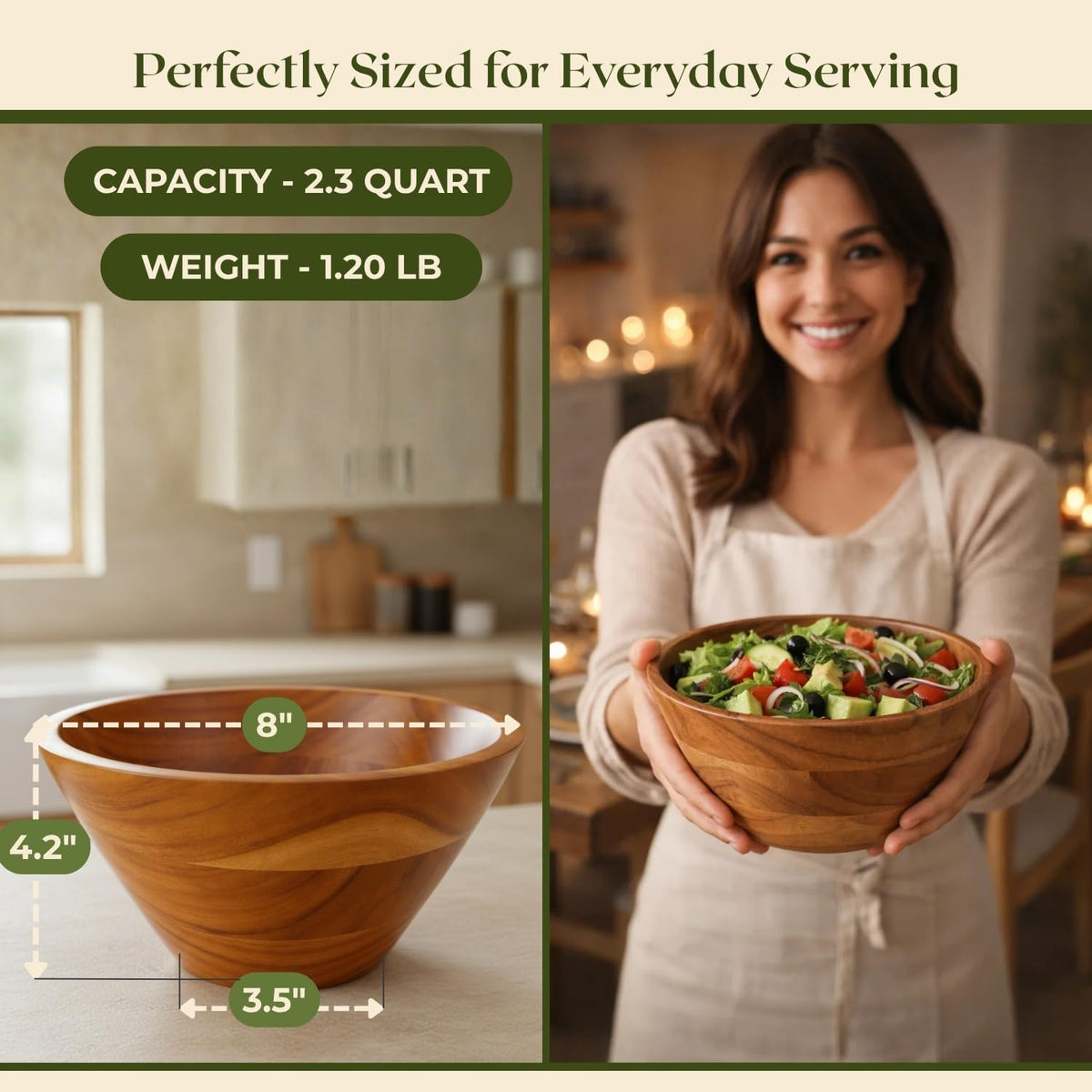 Aurah Acacia Wood Salad Bowl, 8" Diameter x 4.2" Height – Small Wooden Mixing & Serving Bowls for Salad, Pasta and Fruits – Kitchen & Outdoor Dining - Capacity 2.3 Quarts