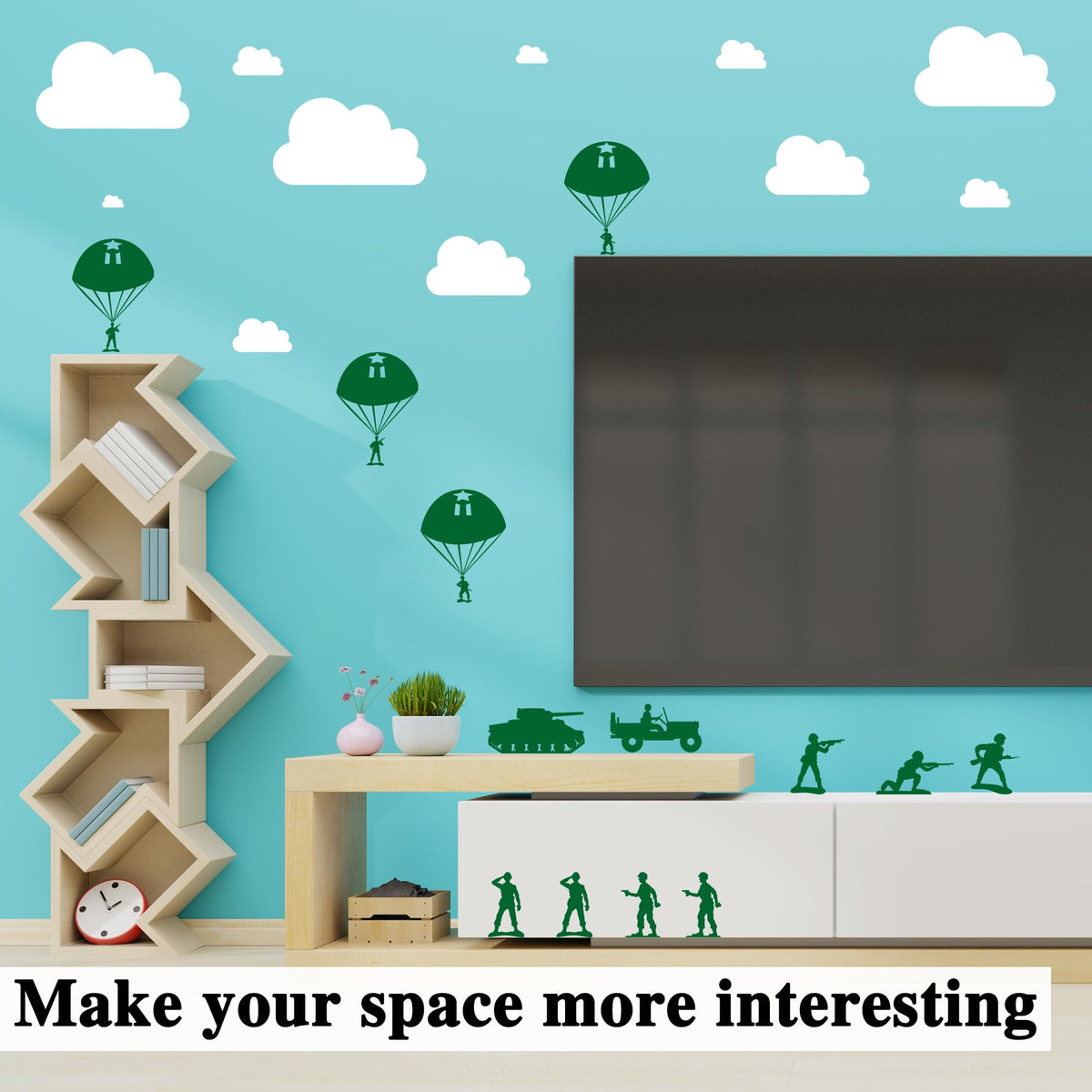 Pounchi Army and Clouds Wall Stickers (4 Sheets 93 Pcs) with Transfer Films, Cool Solider Military DIY Wall PVC Decals for Bedroom Living Room Decor
