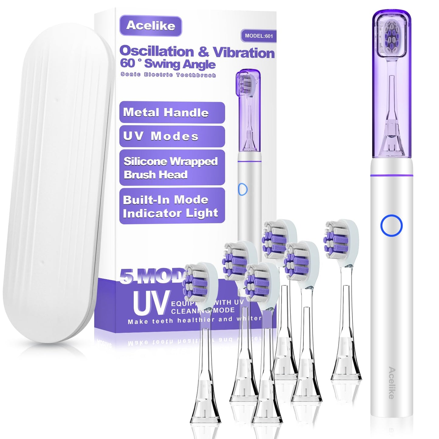 Metal Electric Toothbrush with UV Mode, Vibration and Oscillation Electric Toothbrush for Adults, 6 Brush Heads & Travel Case & Dust Cover, 5 Modes & Built in Timer, One Charge Last 120 Day（Rose）