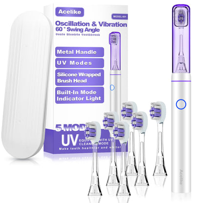 Metal Electric Toothbrush with UV Mode, Vibration and Oscillation Electric Toothbrush for Adults, 6 Brush Heads & Travel Case & Dust Cover, 5 Modes & Built in Timer, One Charge Last 120 Day（Rose）