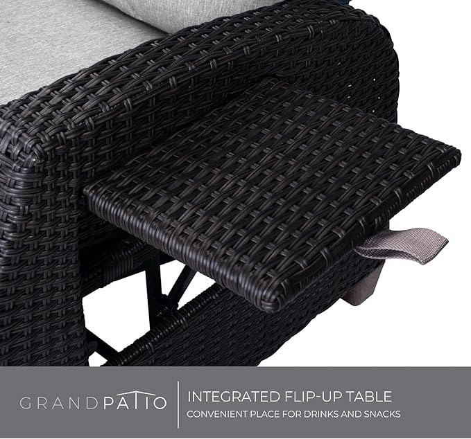Grand patio Outdoor Recliner Chair Patio 150° Lay Flat Recliner with Flip Table Wicker Reclining Lounge Chair, Griege