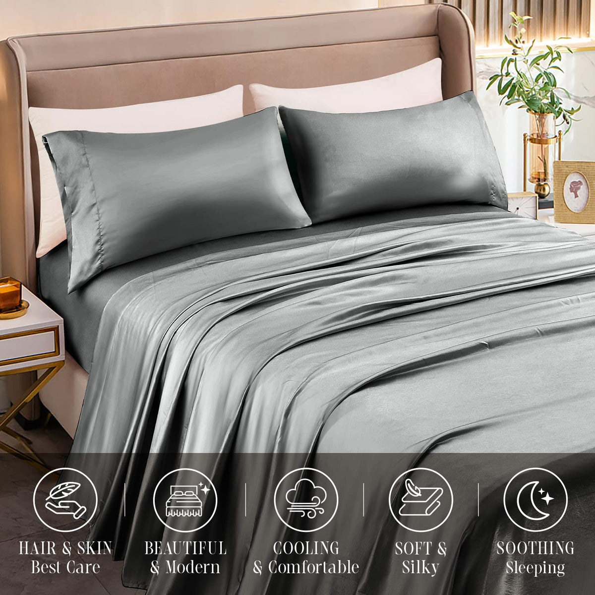 Elegant Comfort Luxurious 4-Piece Silky Satin Sheet Set, Skin and Hair Friendly, Wrinkle, Fade, Stain Resistant with Deep Pockets Fitted Sheet, Cooling Soft Satin Sheet Set, Twin XL, Gray