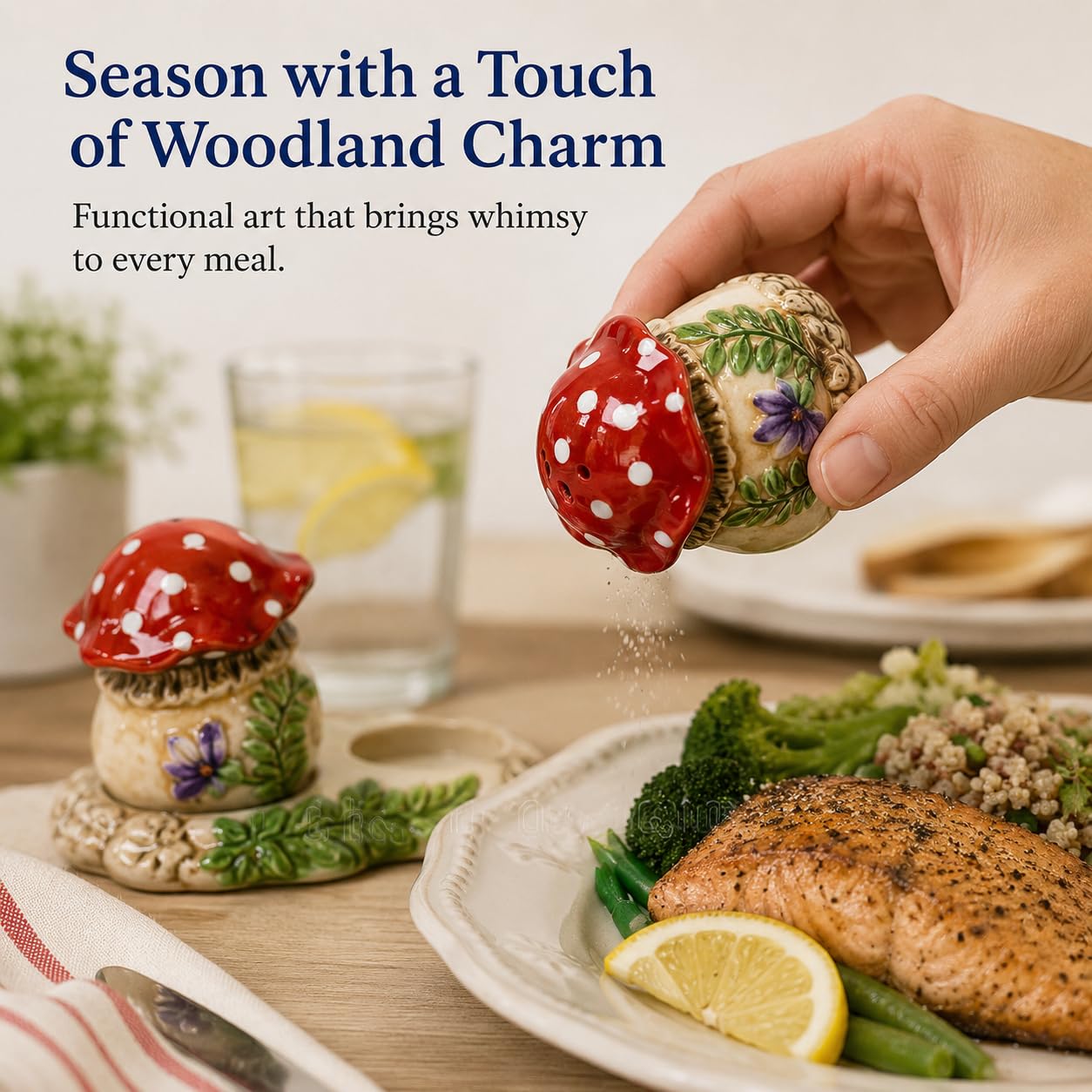 Blue Sky Clayworks Flourishing Mushroom Salt and Pepper Set with Delecate Violet Floral Accents