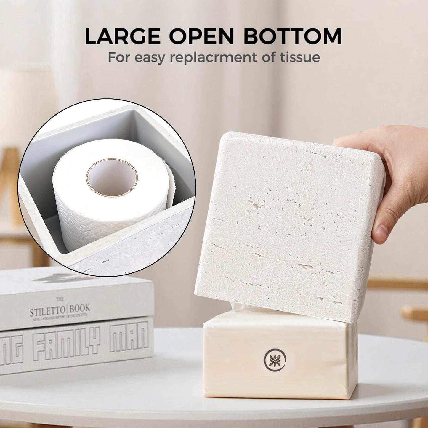 Decorative Square Tissue Box Cover – White Resin Tissue Holder for Bathroom, Bedroom, Countertop, Modern Stone-Look Tissue Box
