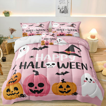 Pumpkin Ghost Comforter Set Girls Pink Halloween Bedding Set Orange Pumpkin White Ghost Bat Spider Cute Cartoon Bedding Kids Teens Happy Halloween Bed Set King Size