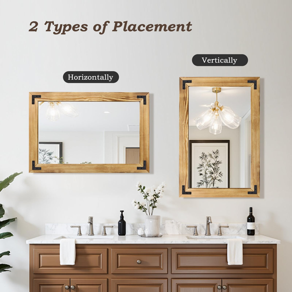 YNCLCS 36"×24" Rustic Wood Frame Mirror for Wall, Natural Bathroom Wooden Vanity Mirror, Solid Wood Frame, Vertical or Horizontal Hanging, Suit for Farmhouse, Living Room, Bedroom (Light Brown)