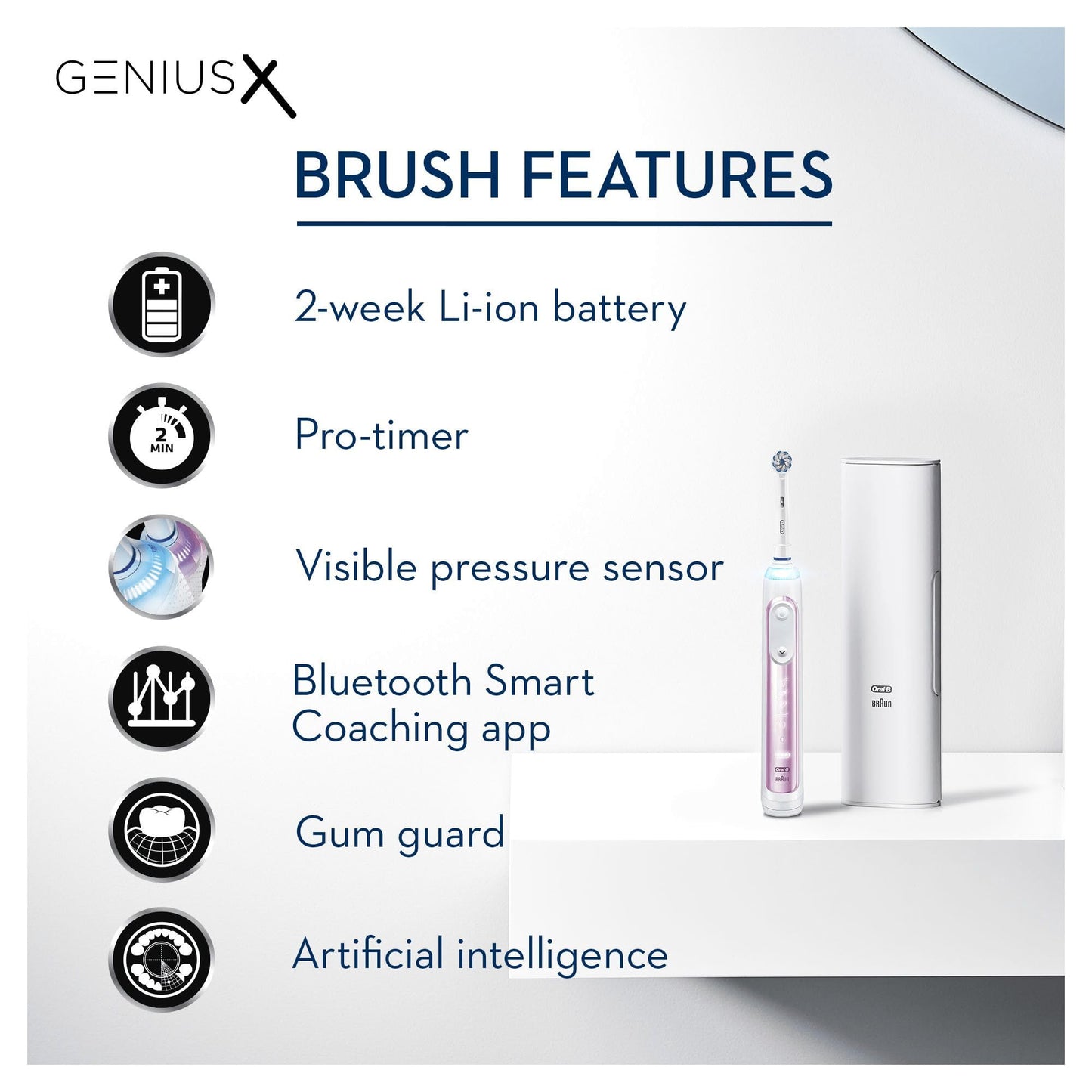 Oral-B Genius X with Artificial Intelligence Blush Pink Electric Toothbrush, 1 Toothbrush Head, 6 Modes, Gum Pressure Sensor, USB Charging Travel Case, UK 2 Pin Plug, Gift for Men/Women