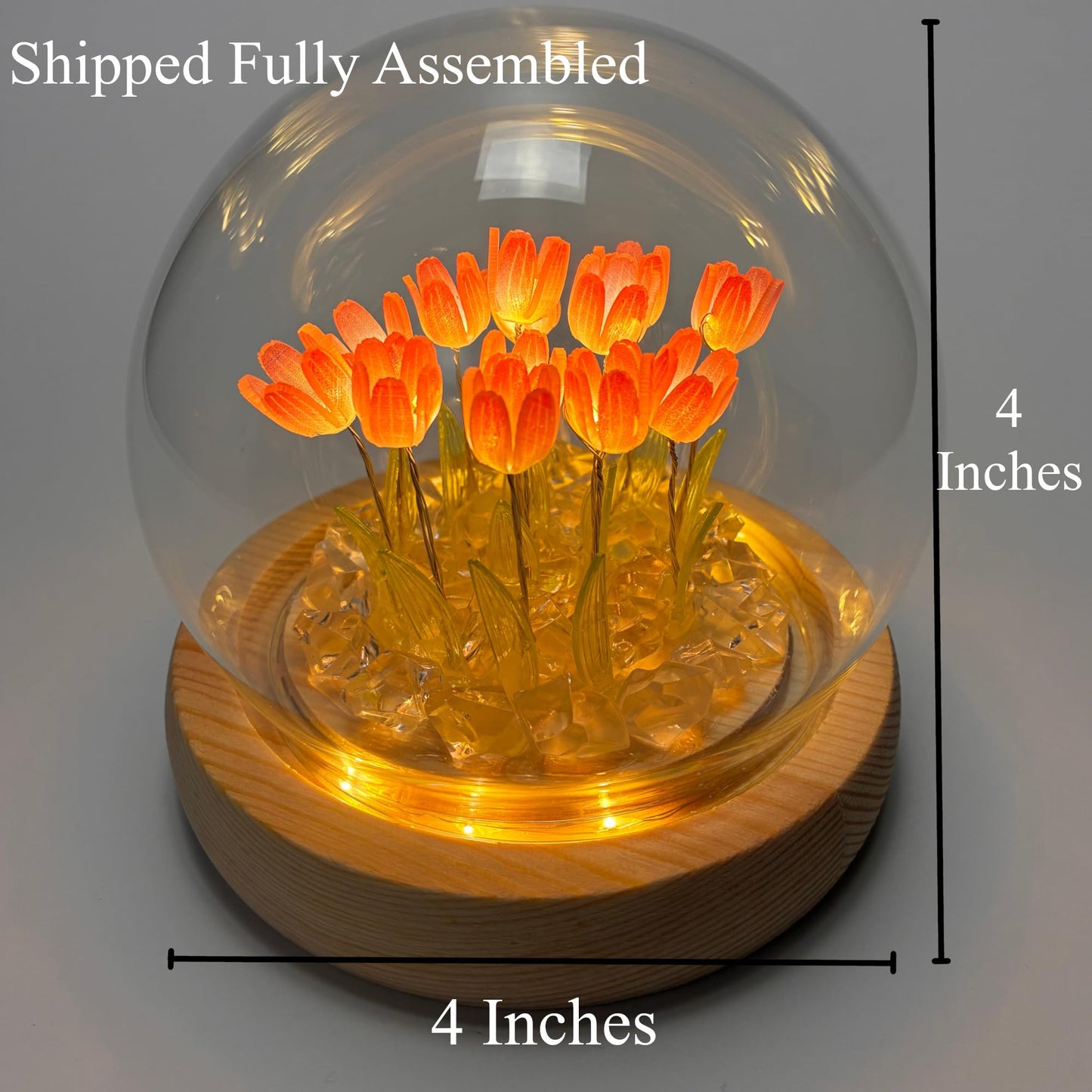 ALYMACK Tulip Lamp Glass Globe - Illuminated Flower Lamp with Glowing Blooms on Wooden Base - Battery-Powered Decorative Night Light for Bedroom, Living Room & Home Decor