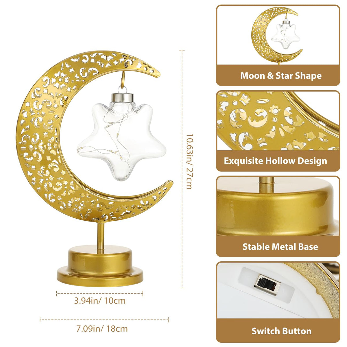 Lewondr Decorative Table Lamp, Battery Powered Ramadan Desk Lamp Decorations Crescent Table Light Lunar Star Moon Lantern for Bedside Nightstand Desktop Room Party, Eid Mubarak Decor, Warm Light