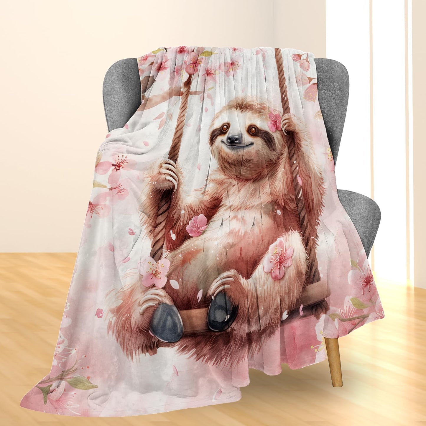 Ti Caldi Sloth on a Swing & Cherry Blossom Blanket, Soft Flannel Throw Blanket for Couch, Bed, Travel, Living Room & Home Decor, Lightweight Cozy Warm Fuzzy Blankets for Adults Women Kids 60×50 in