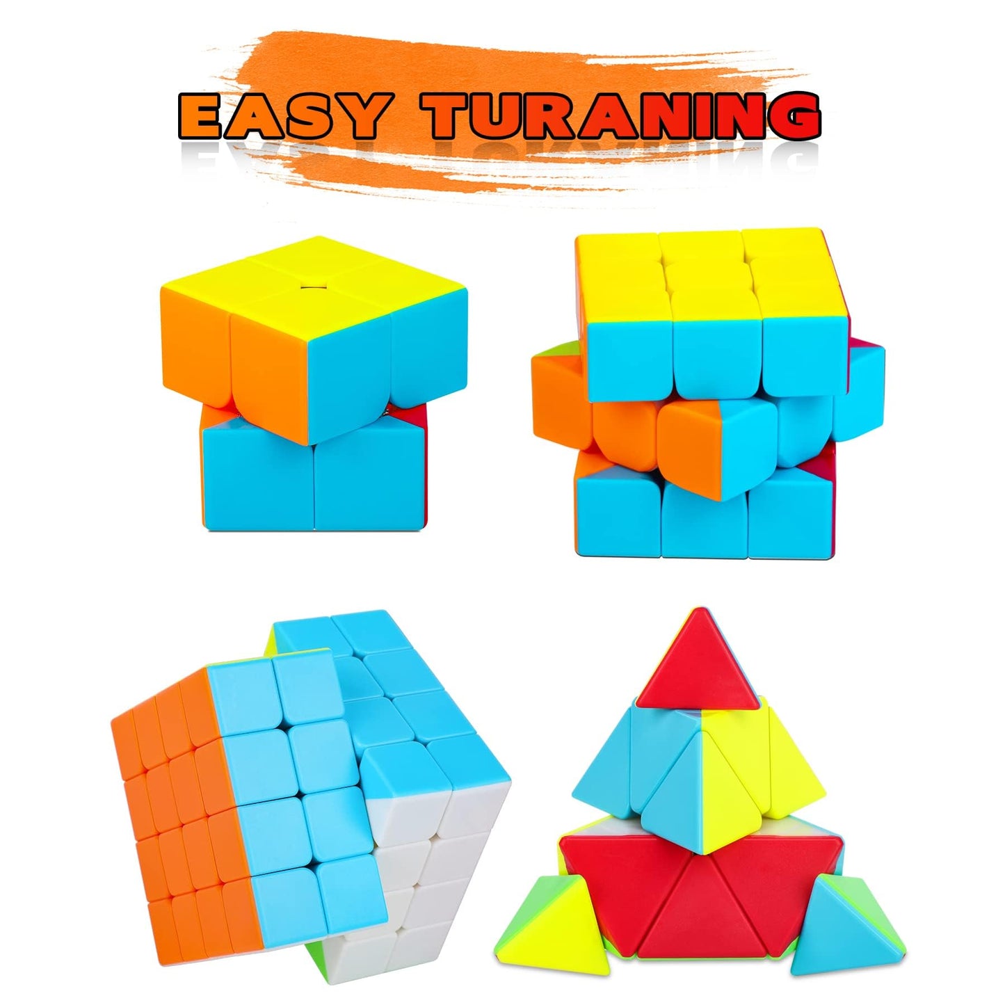 Coolzon Speed Cube Set, 4 Pack Stickerless Magic Cube Set 2x2 3x3 4x4 Pyraminx Triangle, Easy Turning 3D Puzzle Cube Games Toy Present for Kids Adults
